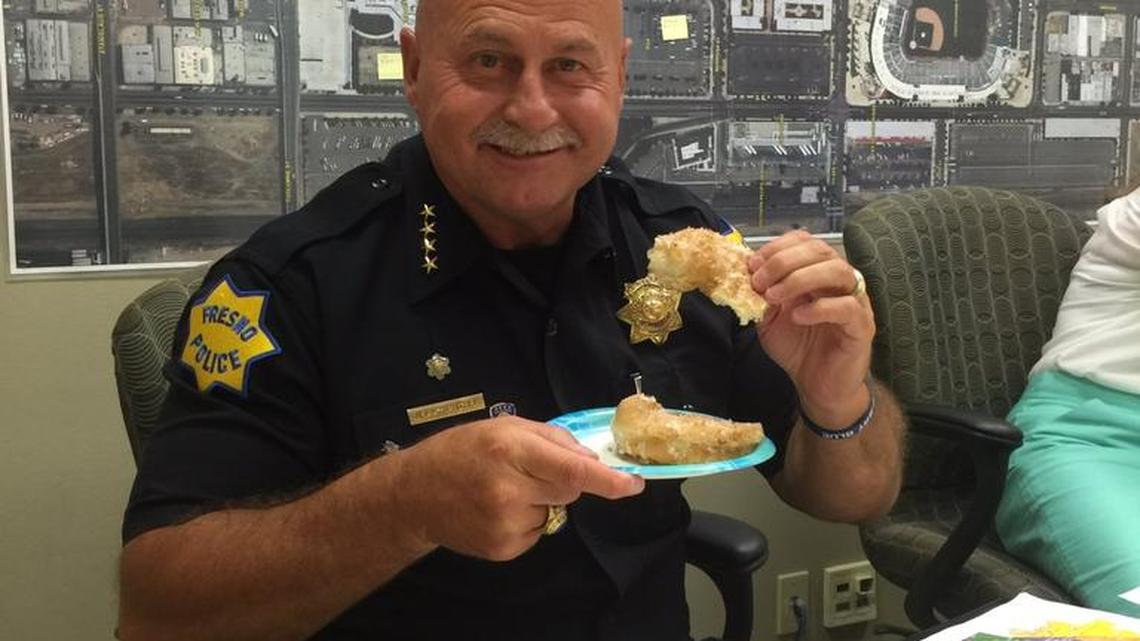 Mayor Ashley Swearengin tweeted this picture of Fresno Police Chief Jerry Dyer eating a doughnut Friday morning with the caption, “Happy National Donut Day, Fresno!”