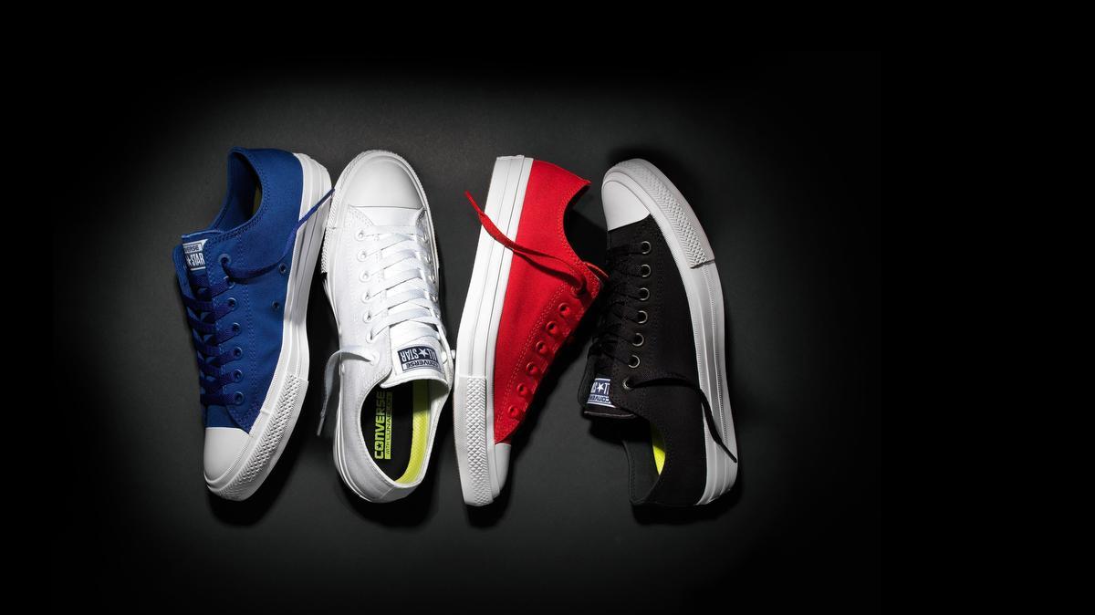 
This photo provided by Converse shows the new Fall 2015 Chuck Taylor All Star II sneaker in blue, white, red and black. Converse's Chuck Taylor All Star sneaker is receiving its first update since its debut 98 years ago. The new shoe goes on sale July 28, 2015. 
