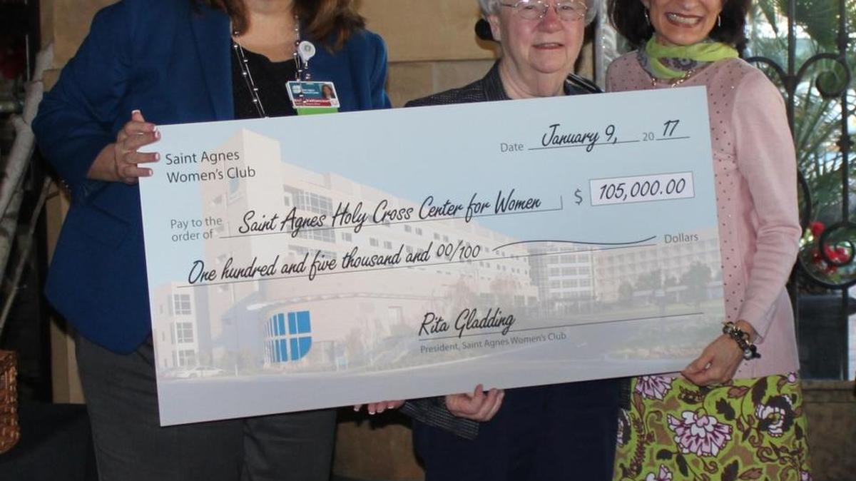 The Saint Agnes Women’s Club donated $105,000 to Saint Agnes Holy Cross Center for Women. Sister Mary Clennon, CSC, director of the Holy Cross Center for Women, accepted the donation on behalf of the Center, presented by Stacy Vaillancourt, Saint Agnes Medical Center Chief Administrative Officer, and Rita Gladding, Women’s Club president.