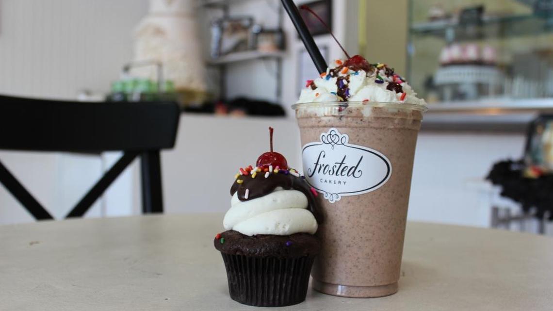 
The Frosted Cakery in Fresno makes “cake shakes” by plunking a cupcake – toppings and all – into a blender with vanilla ice cream. Here, a chocolate sundae cupcake has been turned into a shake.

