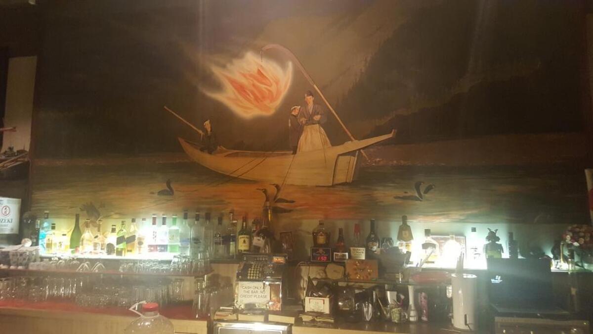 This mural hangs behind the bar at Tokyo Garden in downtown Fresno. It was painted by Bennett O. Wilson, a U.S. spy who served in Japan in World War II.