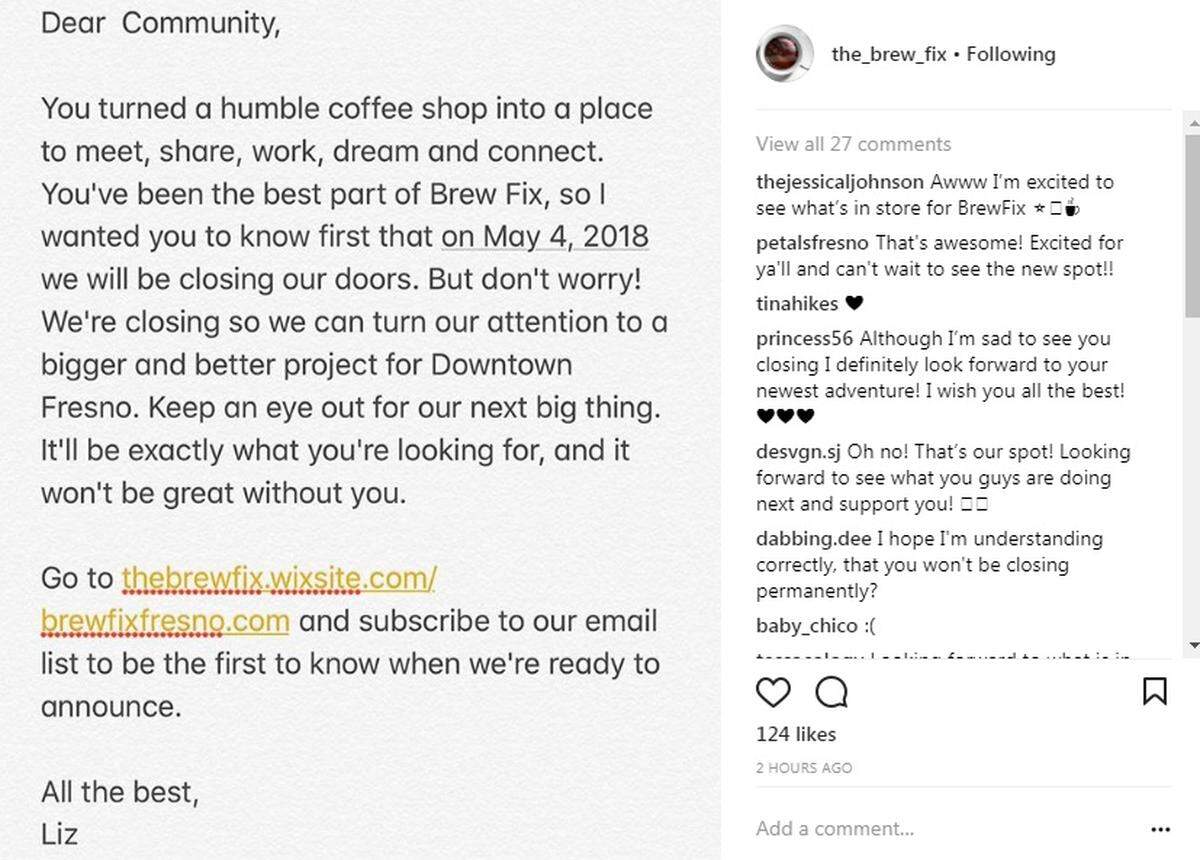 Brew Fix announced its closure on its Instagram page.