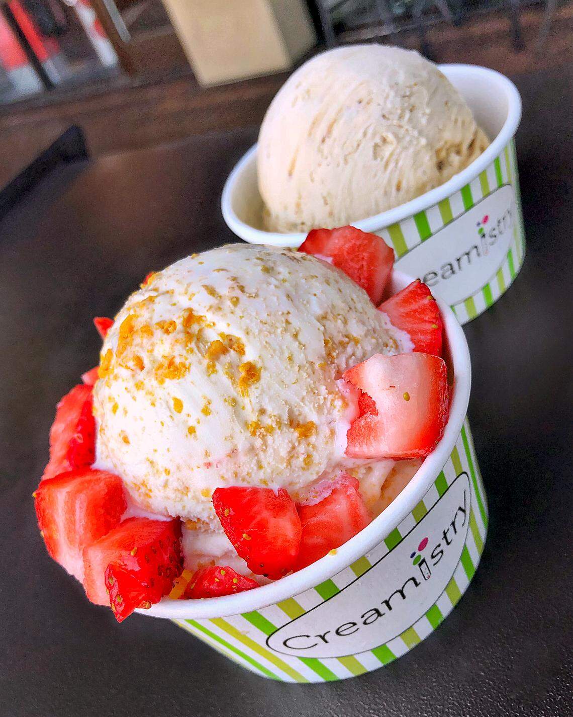 This vegan ice cream at Creamistry is made with a coconut base, cookie butter also has strawberries and Cap’n Crunch cereal