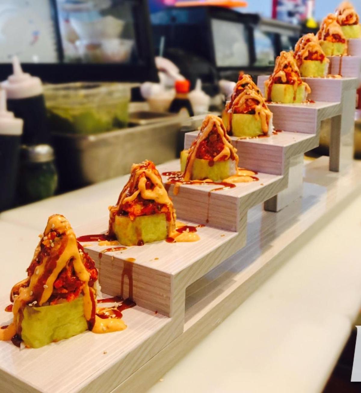 The Super Mario is a best-selling sushi at blufin. It’s made with spicy crab, cream cheese, shrimp tempura, masago, avocado, cucumber and crispy fish.