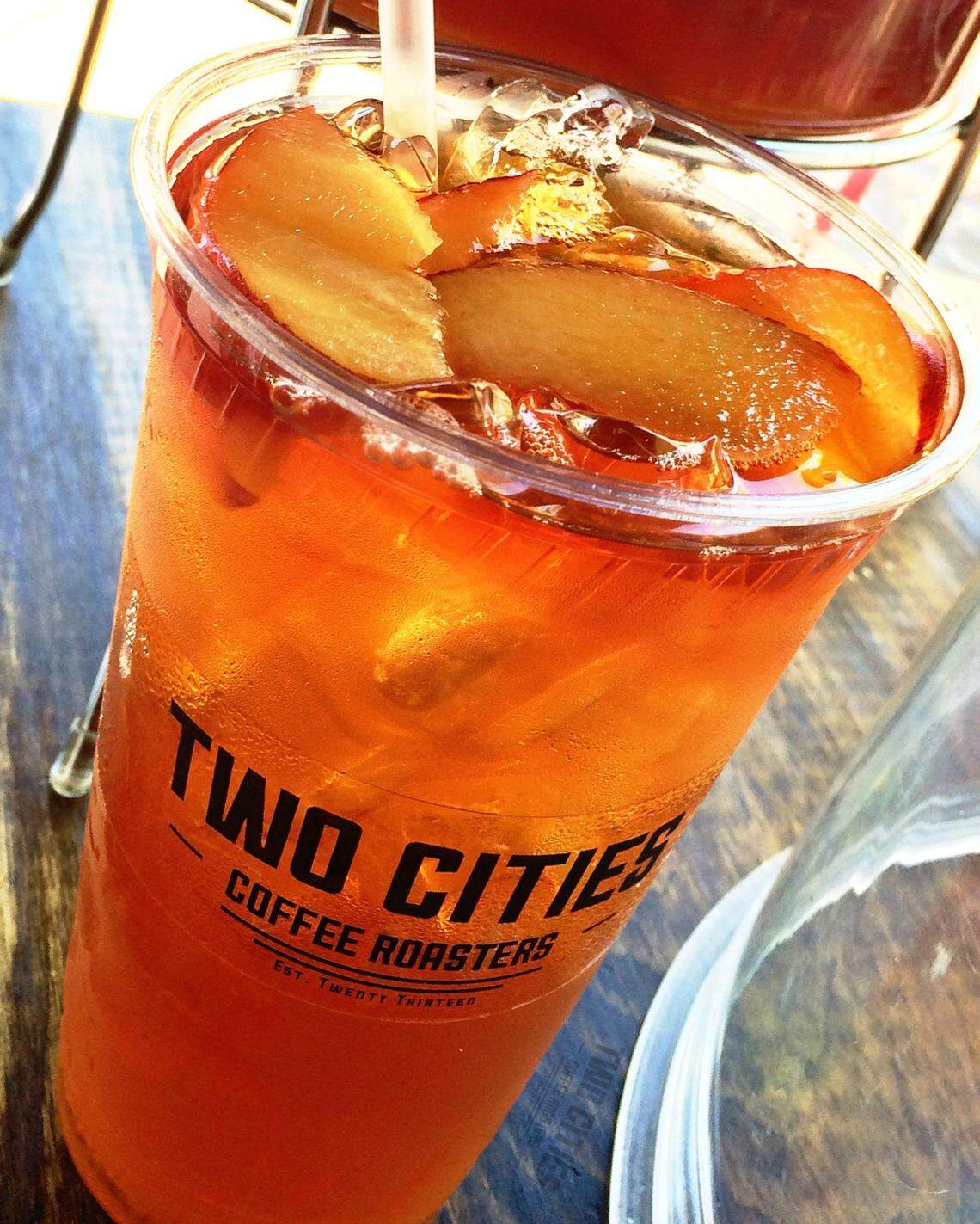 Two Cities Coffee Roasters from Clovis serves coffee and a popular iced tea made with fresh peaches at River Park’s new Saturday morning farmers market.