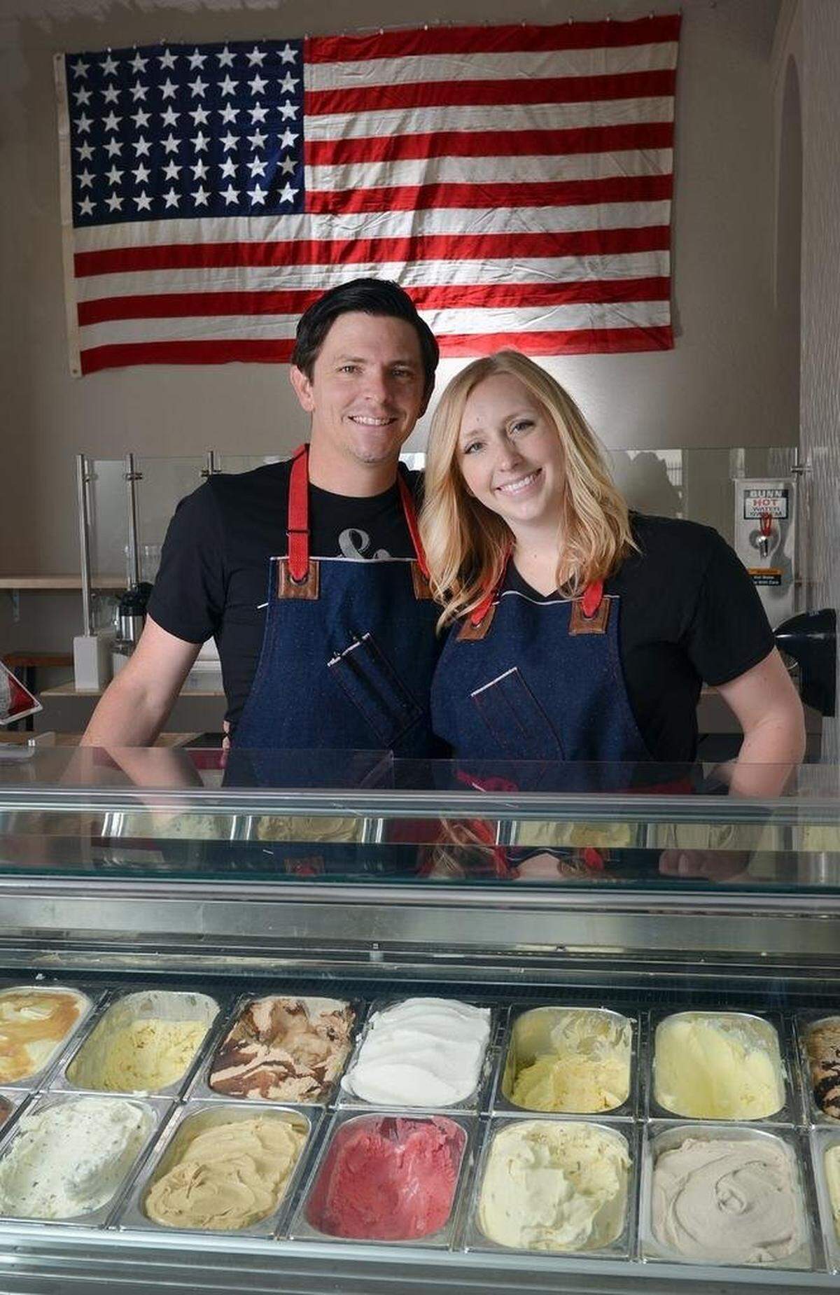 Ampersand Ice Cream owners Jeff and Amelia Bennett in their new ice cream shop in Fresno, California on May 28, 2015. The store just opened on Memorial Day and sold out of ice cream on their first day.