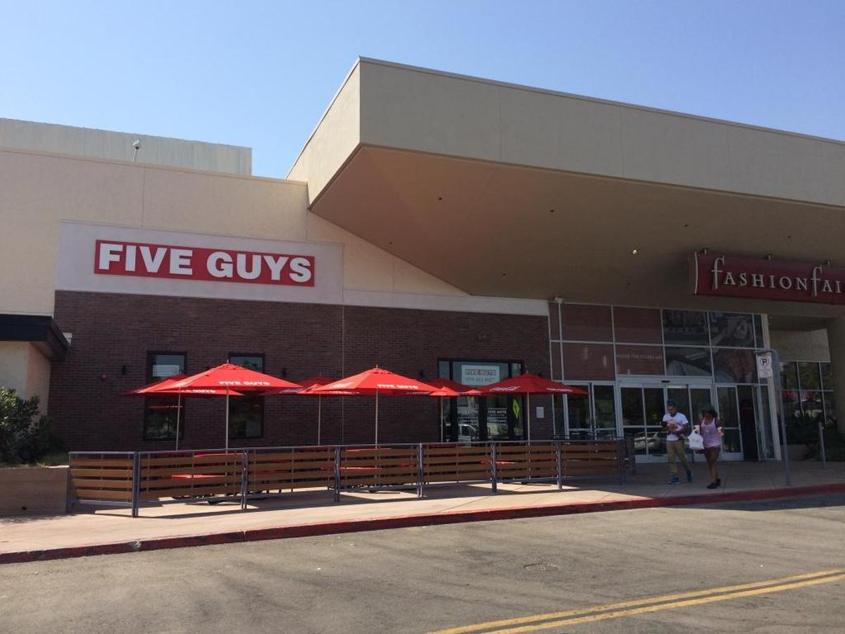 Five Guys Burgers and Fries has opened at Fashion Fair near the food court. The full-size restaurant has seating indoors and out.