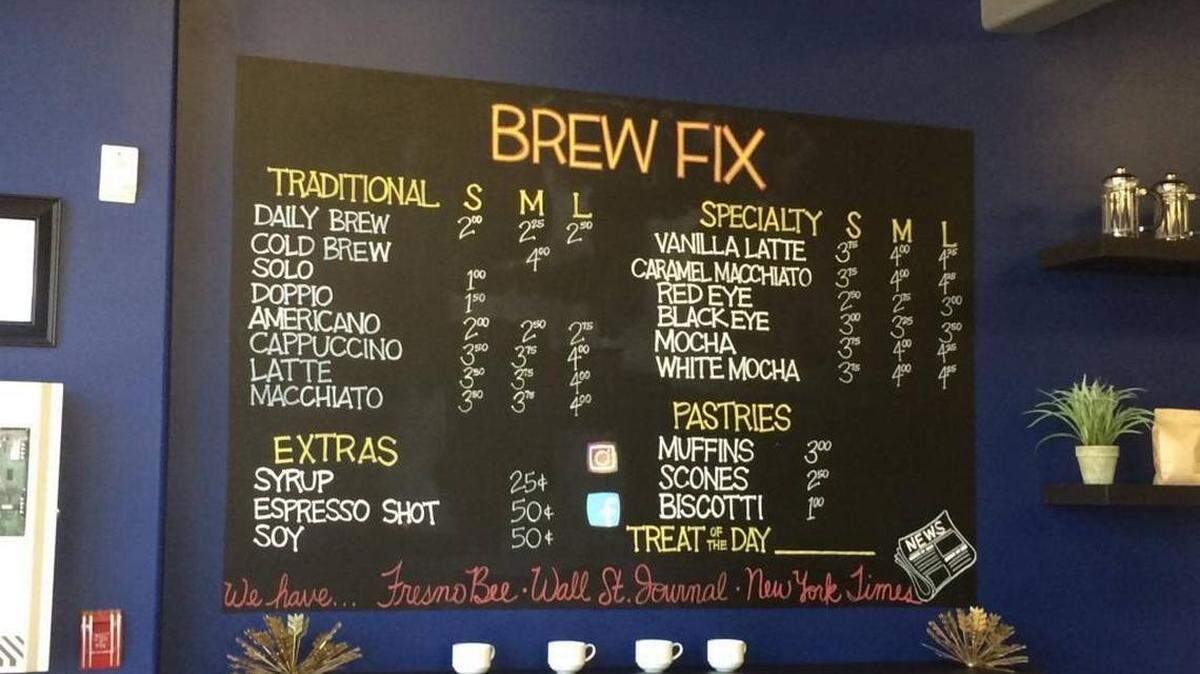 The menu board at Brew Fix, a downtown Fresno coffee shop.