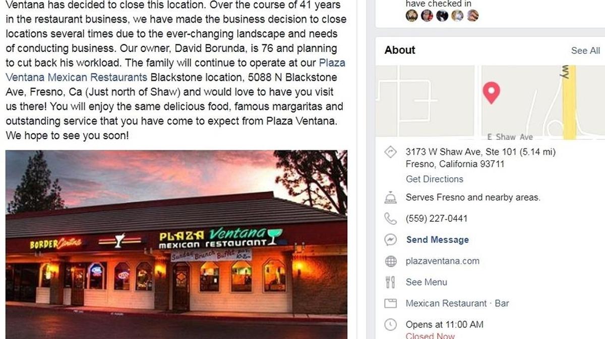 A post on Plaza Ventana’s Facebook page announces the closure of the restaurant at Shaw and Marks avenues.