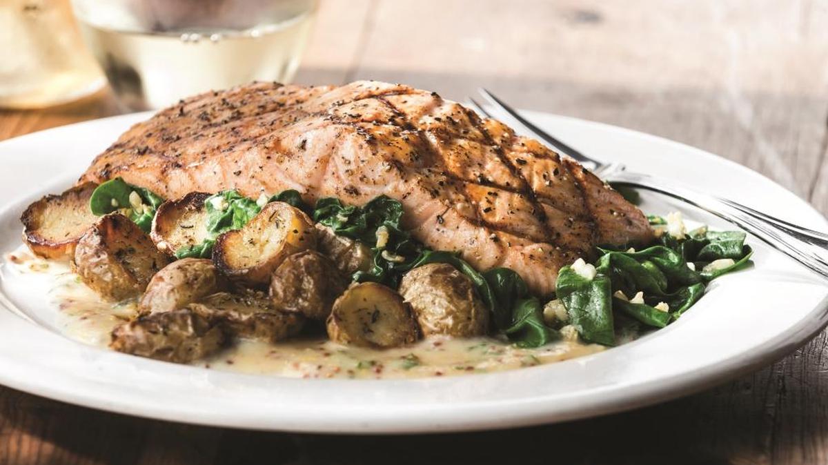 Grilled Atlantic salmon in on the Mother’s Day menu at Mimi’s Cafe. It’s made with a light Chardonnay dijon sauce, sautéed garlic spinach and roasted potatoes.