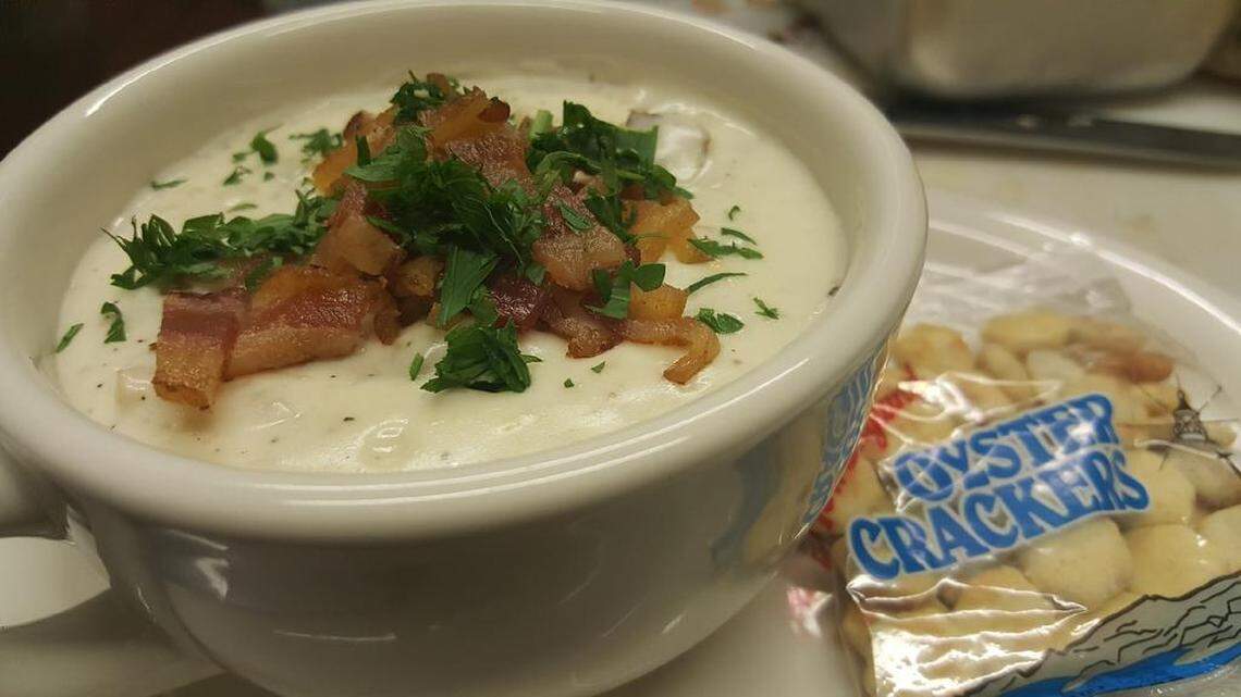 The clam chowder at the newly opened Old Town Cafe in Clovis comes with bacon on top.