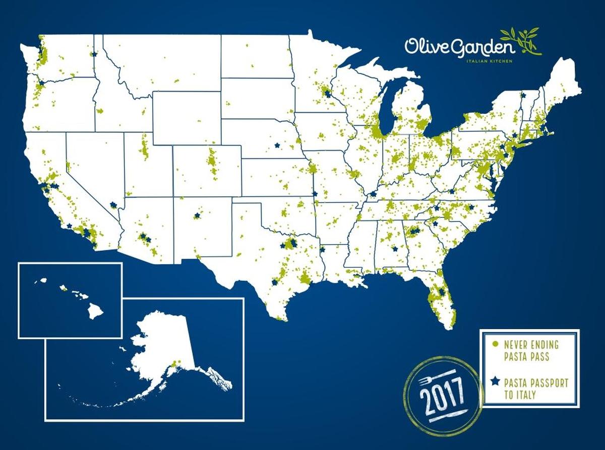 The green spots on this map show where people bought the $100 never-ending pasta pass.
