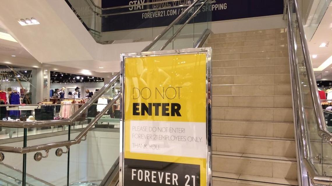 The third floor of Forever 21 at Fashion Fair, once stocked with clothing, has been closed off. The low-priced retailer is downsizing some of its stores in large former Gottschalks stores, including closing the Forever 21 at Hanford Mall. The Fashion Fair store and others in the area will remain open.