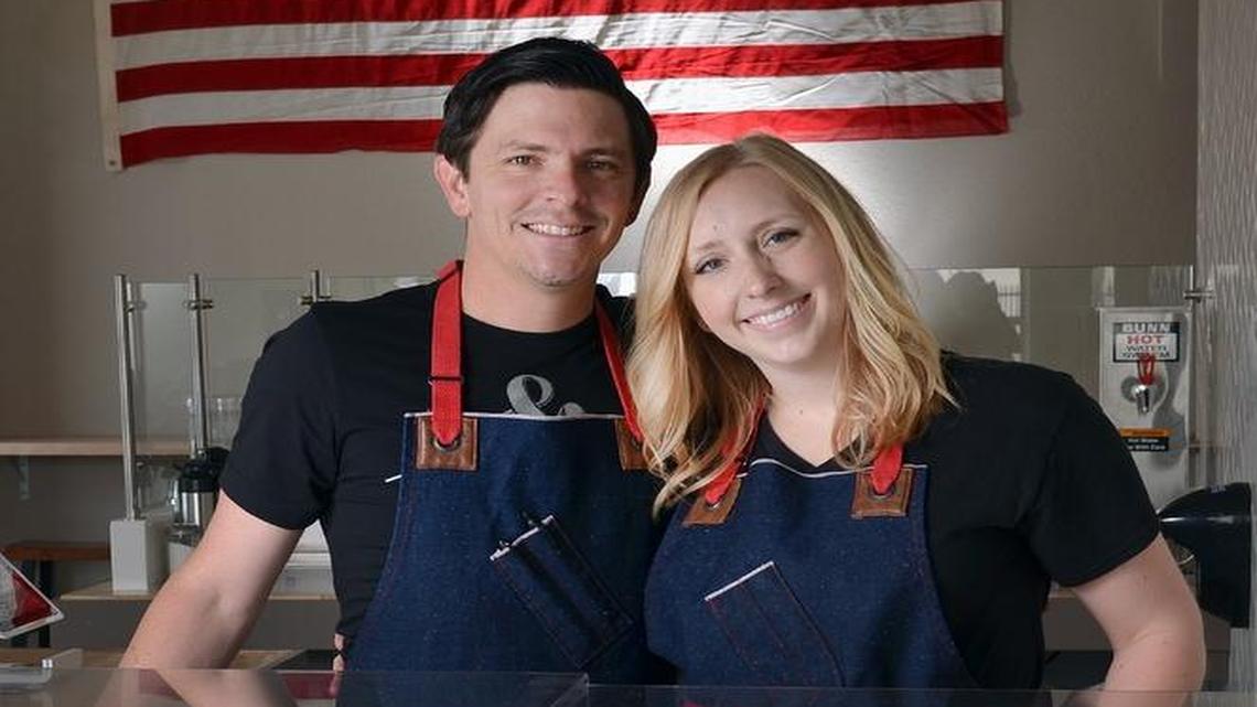
Ampersand Ice Cream owners Jeff and Amelia Bennett in their new ice cream shop in Fresno, California.
