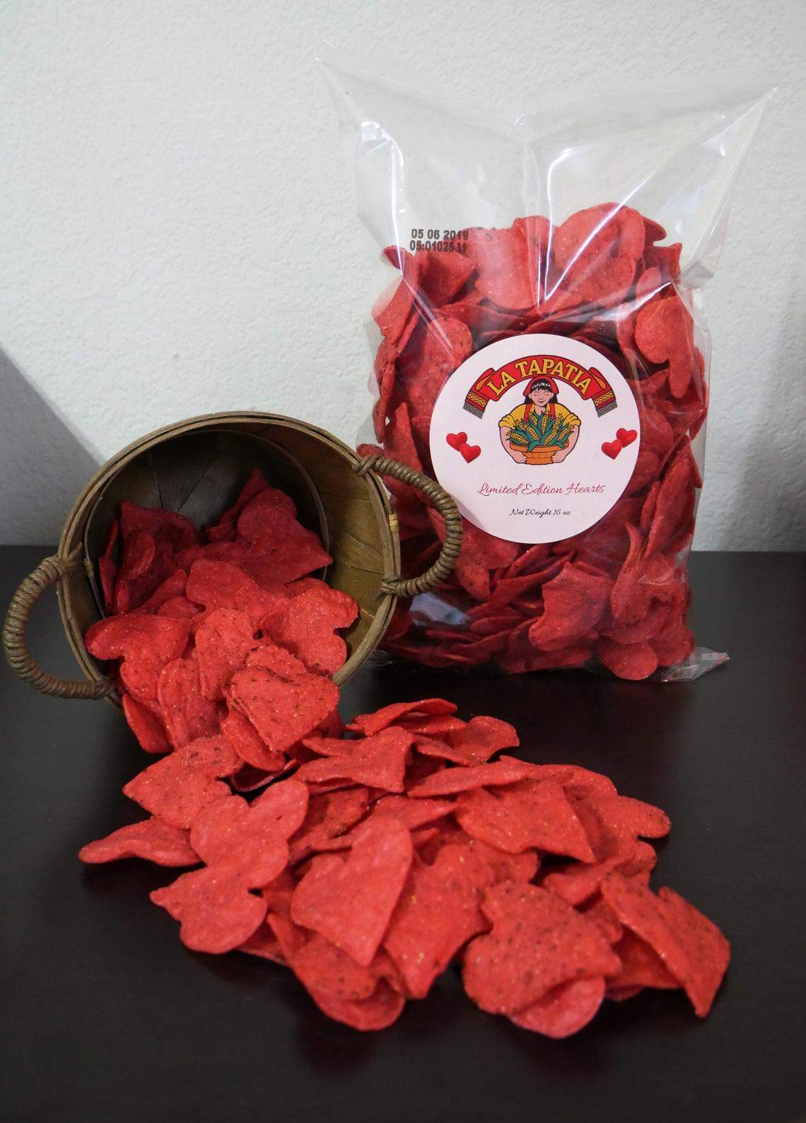 La Tapatia Tortilleria makes red heart-shaped tortilla chips and regular color heart chips.