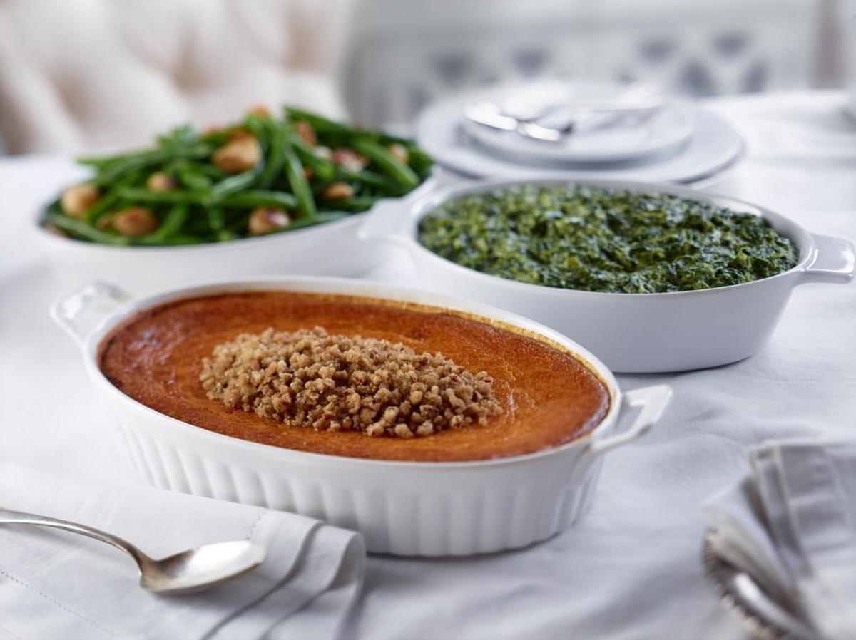 Ruth’s Chris Steak House is selling two Thanksgiving sides to take home, sweet potato casserole and creamed spinach. Each serves up to 12 people and costs $29.95 each.