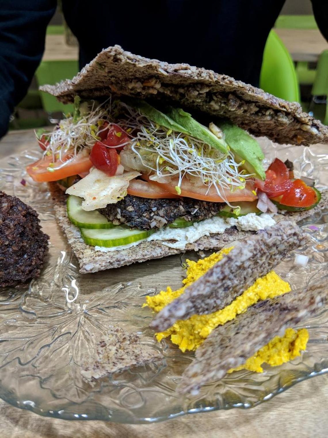 The “verger slider” from Raw Fresno is dehydrated vegan burger, served on onion or red bell pepper flatbread.