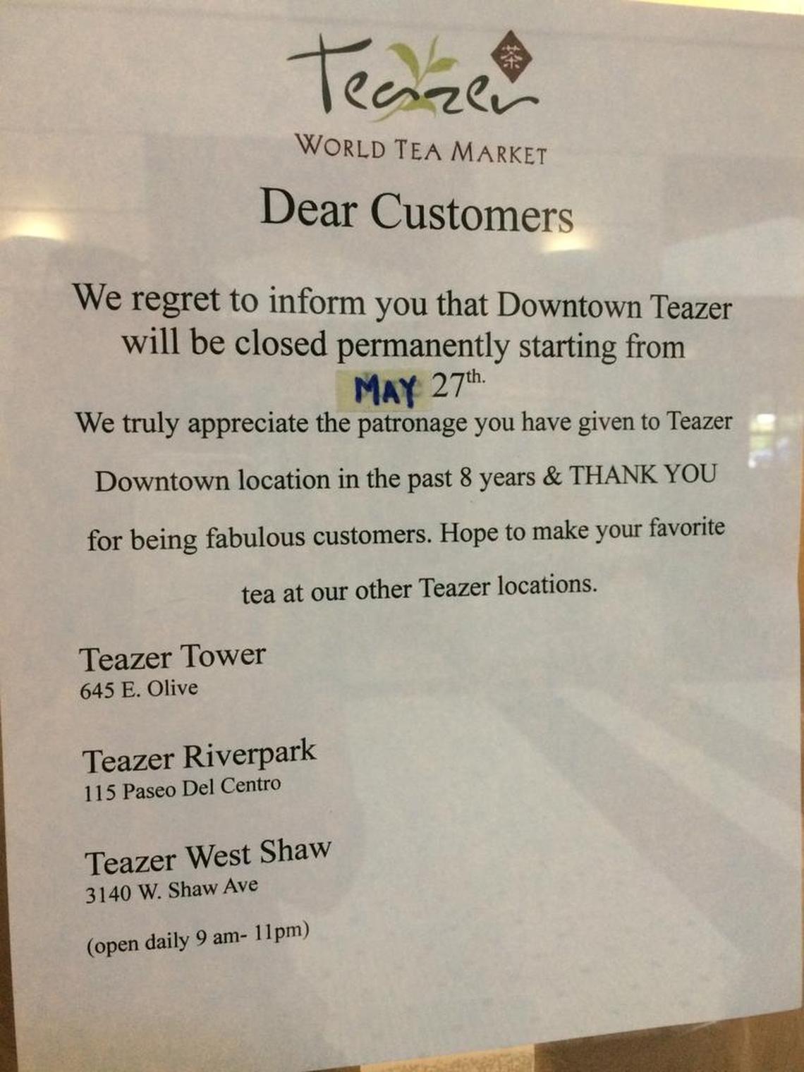 The downtown Teazer World Tea Market has closed. The tea shop’s other three location have been carrying the one in the Galleria at Civic Center Square.
