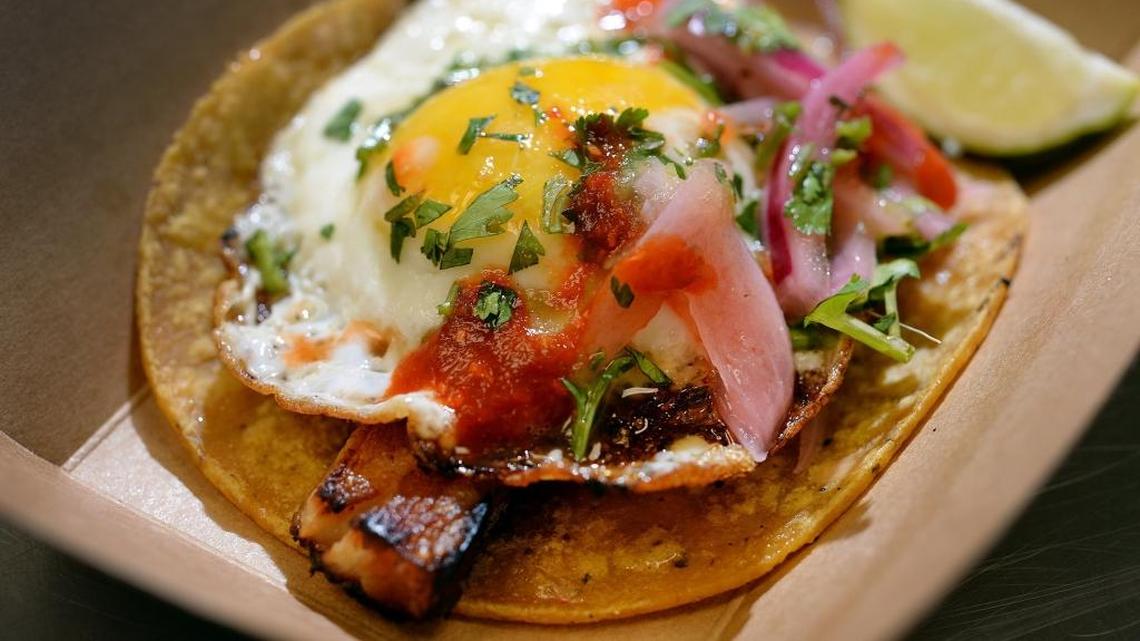 A ranchero taco with braised pork belly and a Pitman Farms fried egg on top at Taste Kitchen in the Sunnyside area of Fresno on Wednesday, Jan. 17, 2018