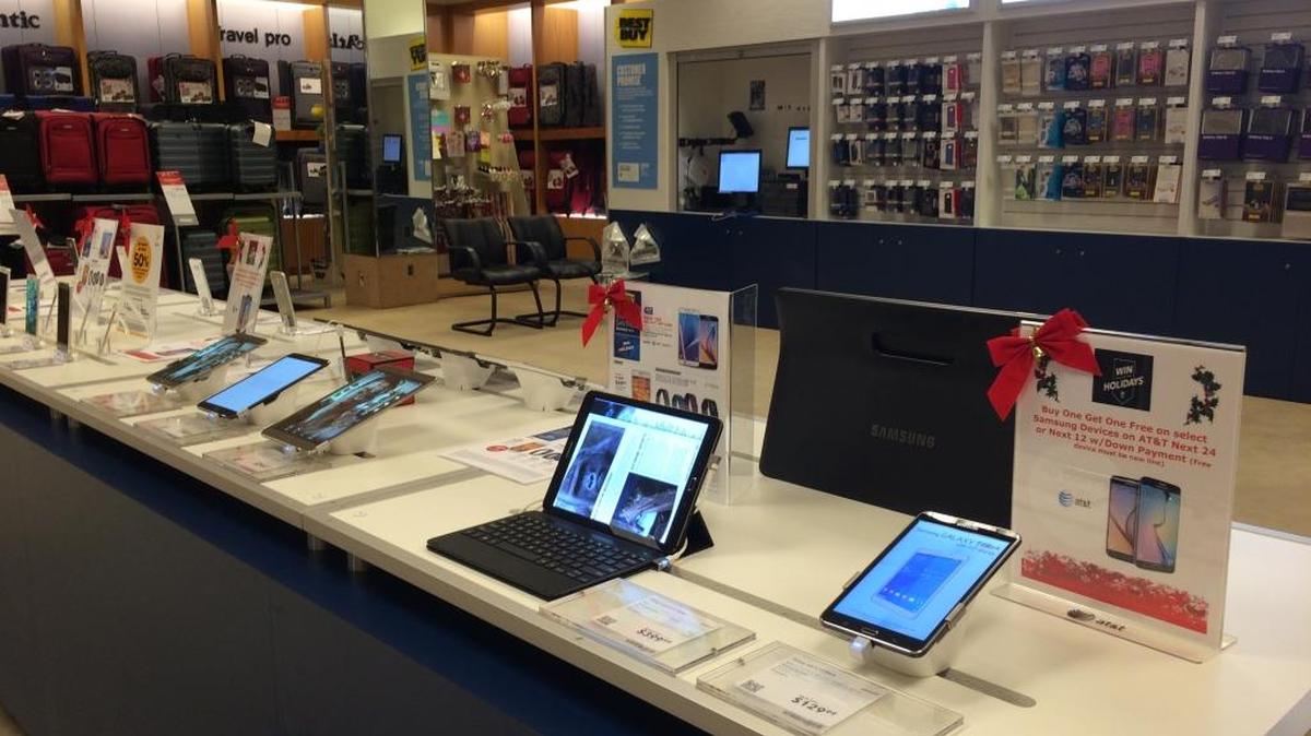 Macy’s at Fashion Fair is one of 10 Macy’s stores in the country testing an in-house Best Buy/Samsung store. The store, selling Galaxy phones, tablets and accessories like these, is on the lower level near the luggage.