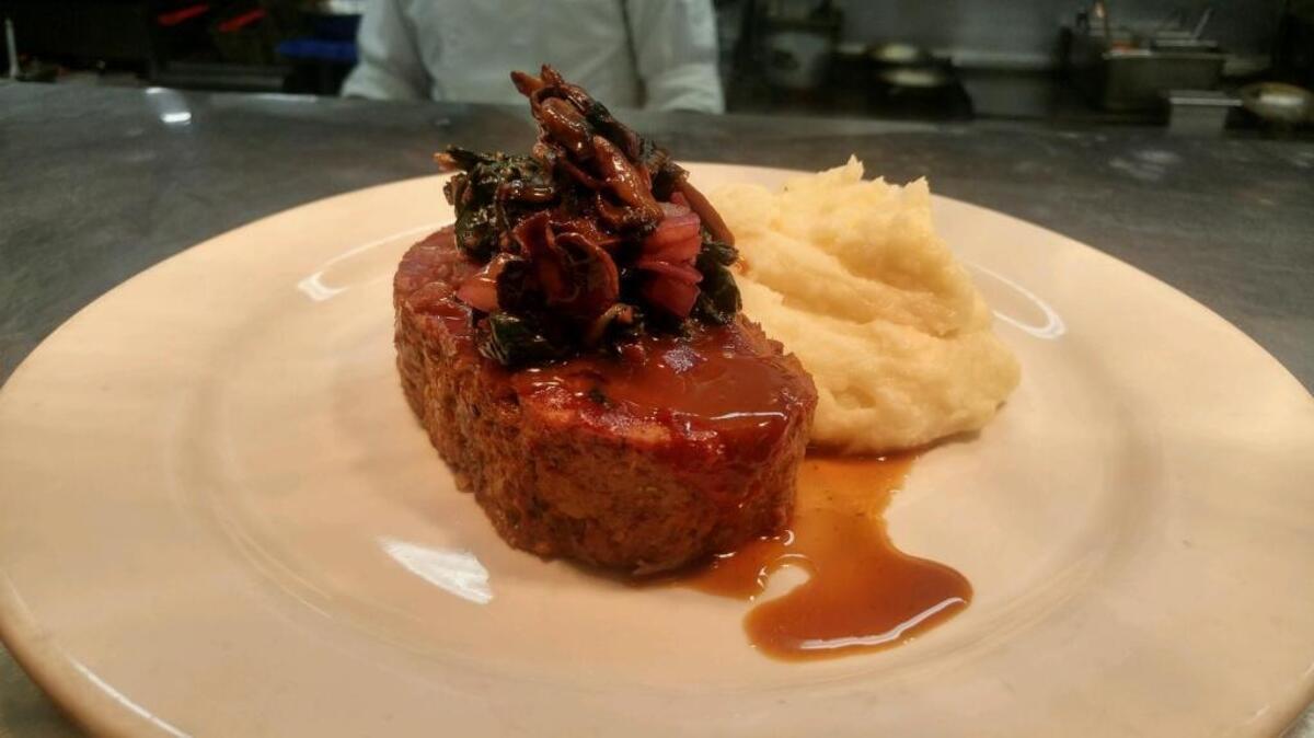 This dean’s list meatloaf served with mashed potatoes, mushroom gravy and Swiss chard is on the Thanksgiving Day menu at School House Restaurant & Tavern in Sanger.
