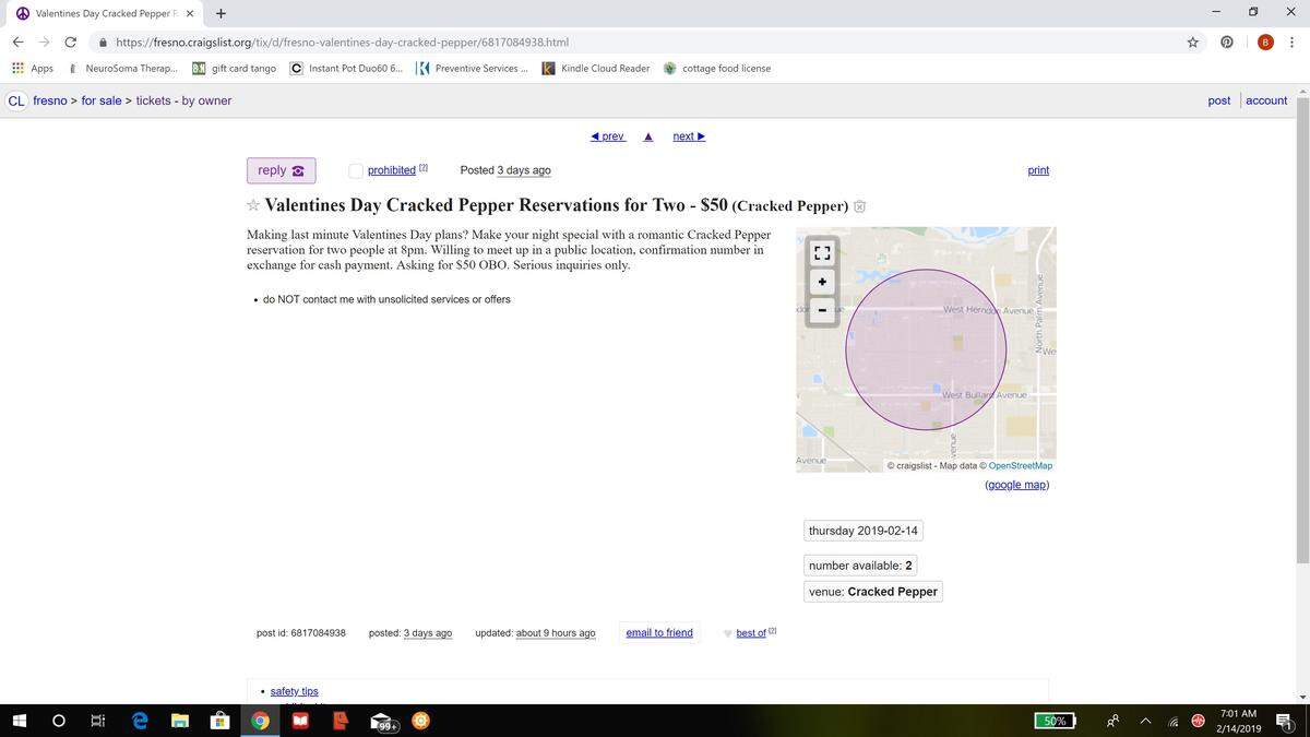 Someone on Craigslist is selling a Valentine’s Day dinner reservation at Cracked Pepper Bistro. Is it right and is it real?