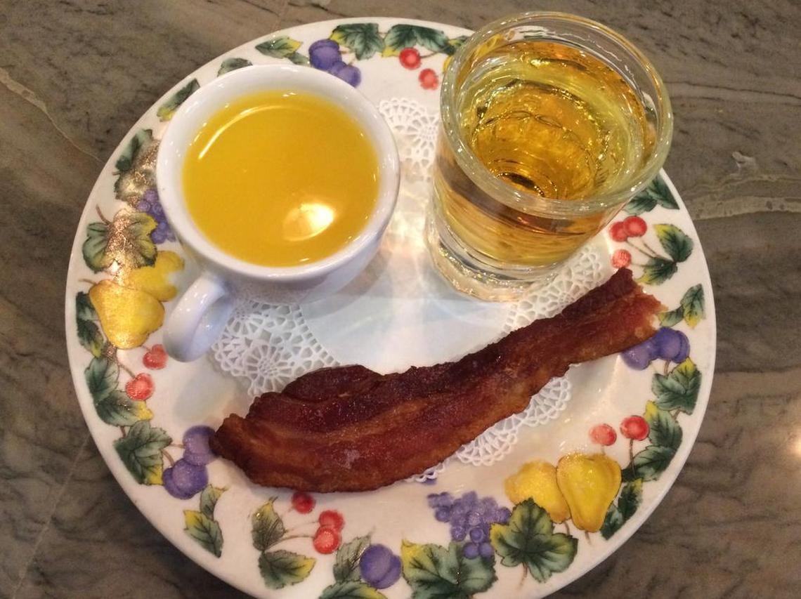 This "breakfast shot" at the Tellawi Lounge (part of the Fresno Breakfast House) features a shot that's half Jameson whiskey and half butterscotch liqueur that's evocative of a syrup-soaked pancake. A tiny mug of orange juice is served as a chaser, along with a side of bacon.
