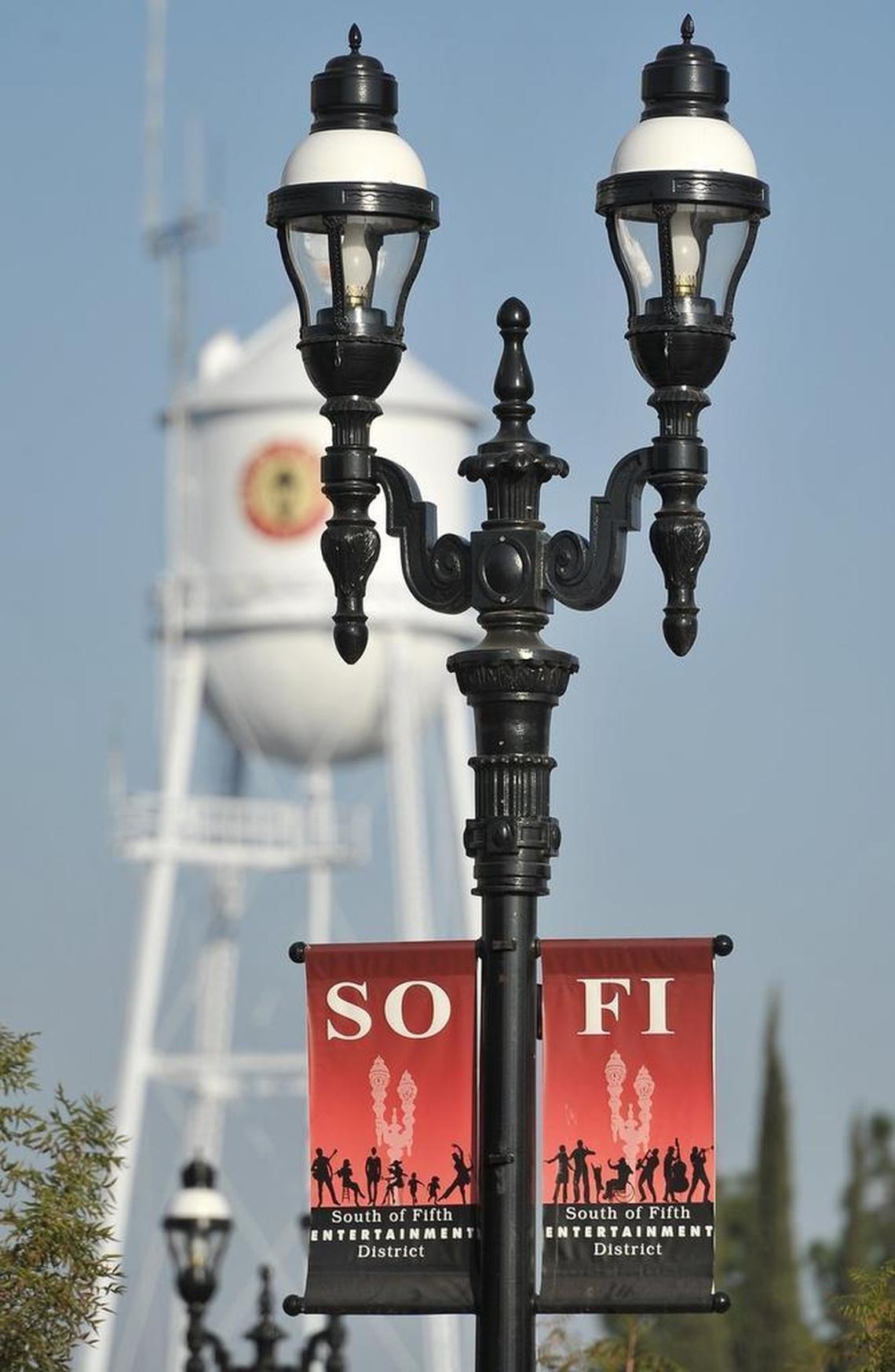A banner for Clovis’ SoFi District, which is south of Fifth Street in Old Town.