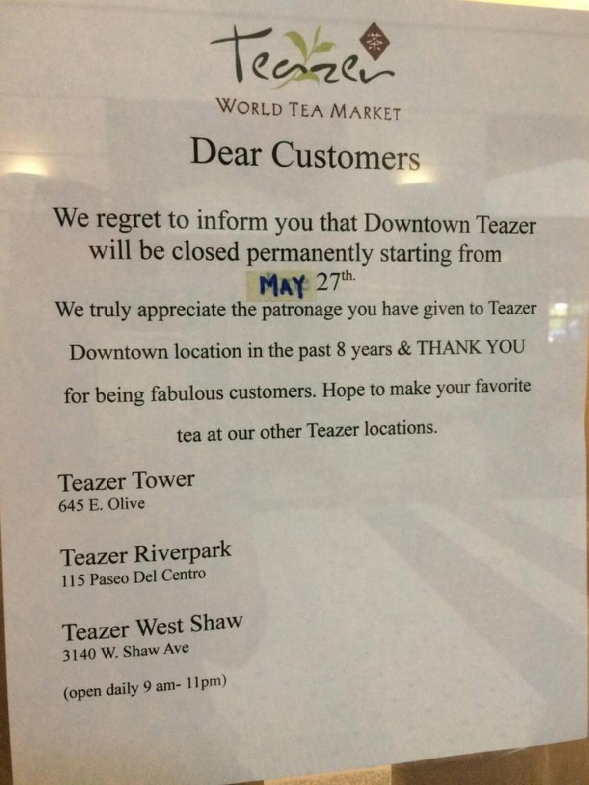 The downtown Fresno Teazer store closed in May, but three others remain open in the area.