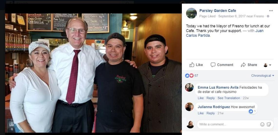 The Parsley Garden Cafe posted this picture with Mayor Lee Brand after he ate lunch at the Fulton Street restaurant in September.