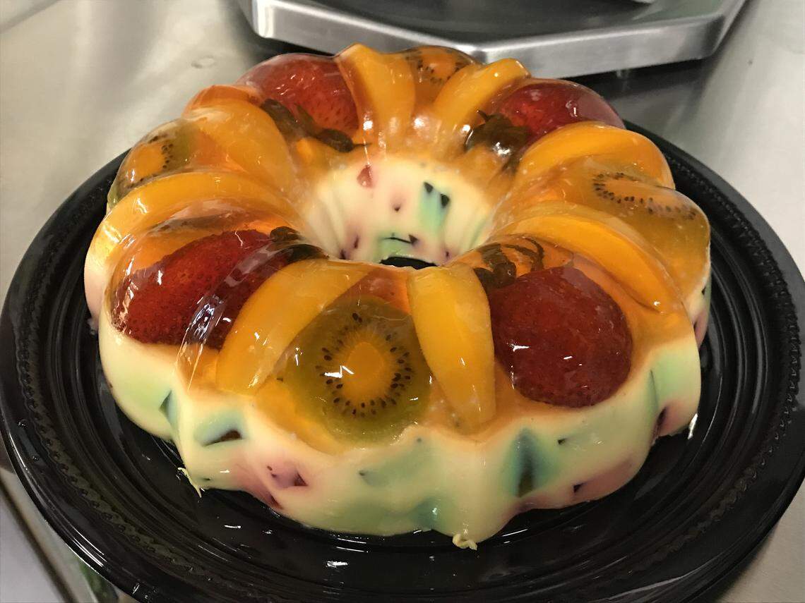 This gelatina, a traditional dessert in Michoacán, Mexico, takes three days to make and involves multiple layers of gelatin. It's for sale at  Mi Panaderia La Michoacana in Fresno.