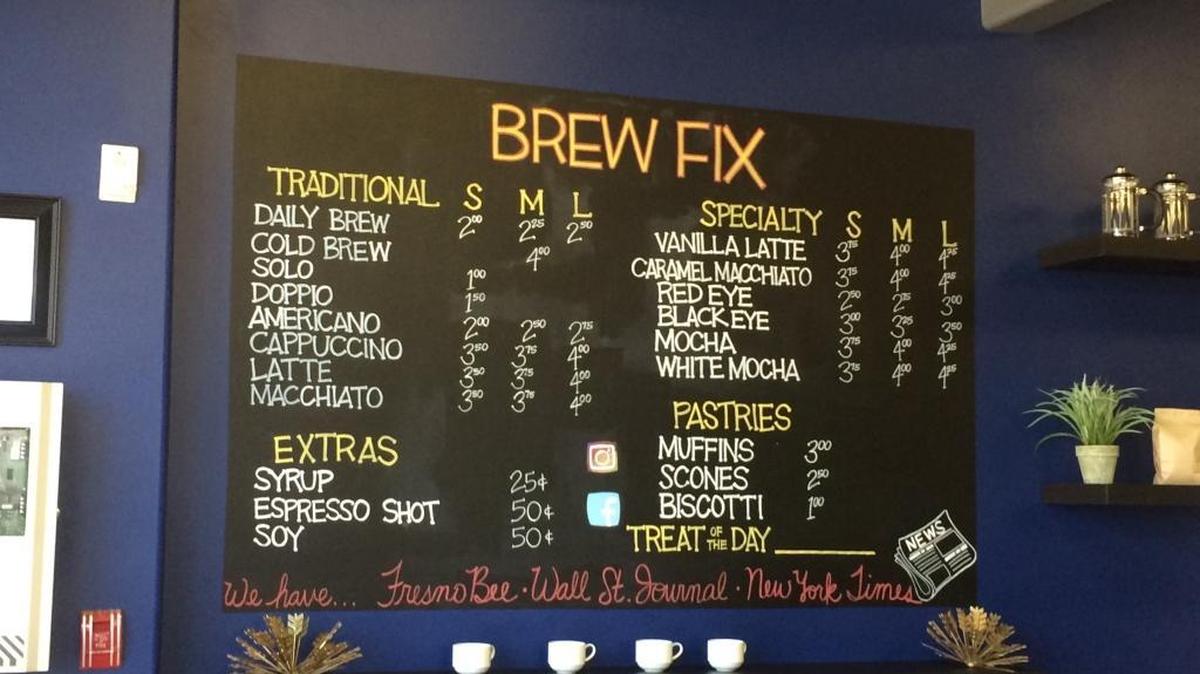The Brew Fix is open at 1560 Fulton Street in downtown Fresno from 6 a.m to 9 a.m. Mondays through Saturdays and from 7 a.m. to 6 p.m. Sundays.