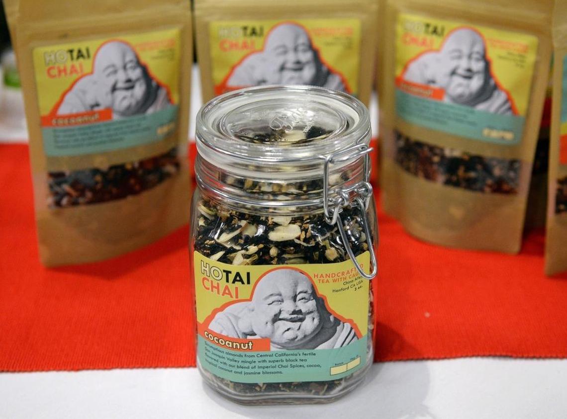 Jars and packages of Ho Tai Chai teas from L.T. Sue Co. are put out among the new products being previewed at the Food Expo’s Taste, Tally and Tweet event.