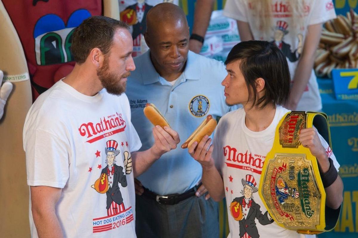 Matt Stonie, right, stares down Joey Chestnut during the official weigh-in for the 2016 Nathan’s Famous hot dog eating contest. The pair will face off again in the World Taco Eating Championship, Saturday, July 29 in Fresno as part of Taco Truck Throwdown 7.
