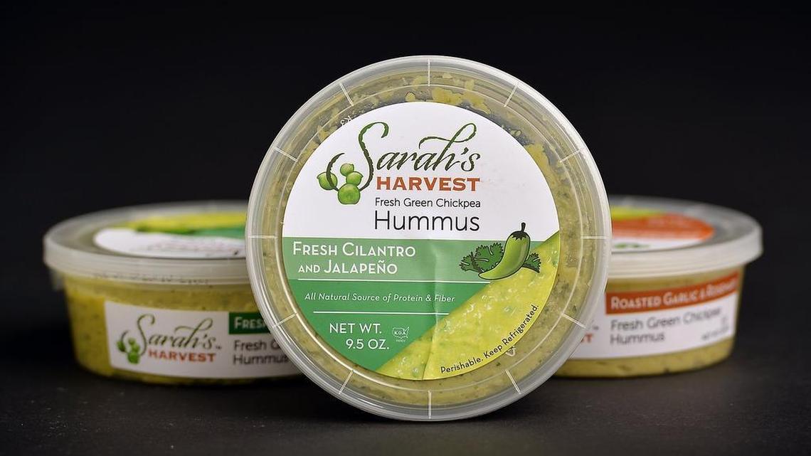 
Sarah’s Harvest Hummus comes in three flavors: jalapeno/cilantro, roasted garlic/rosemary and original.
