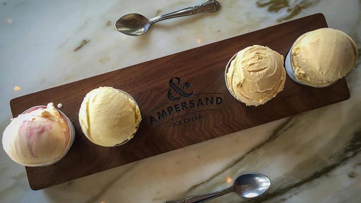 Some of Ampersand Ice Cream’s holiday flavors include, from left, peppermint, eggnog, gingerbread, Earl Grey and cardamom.