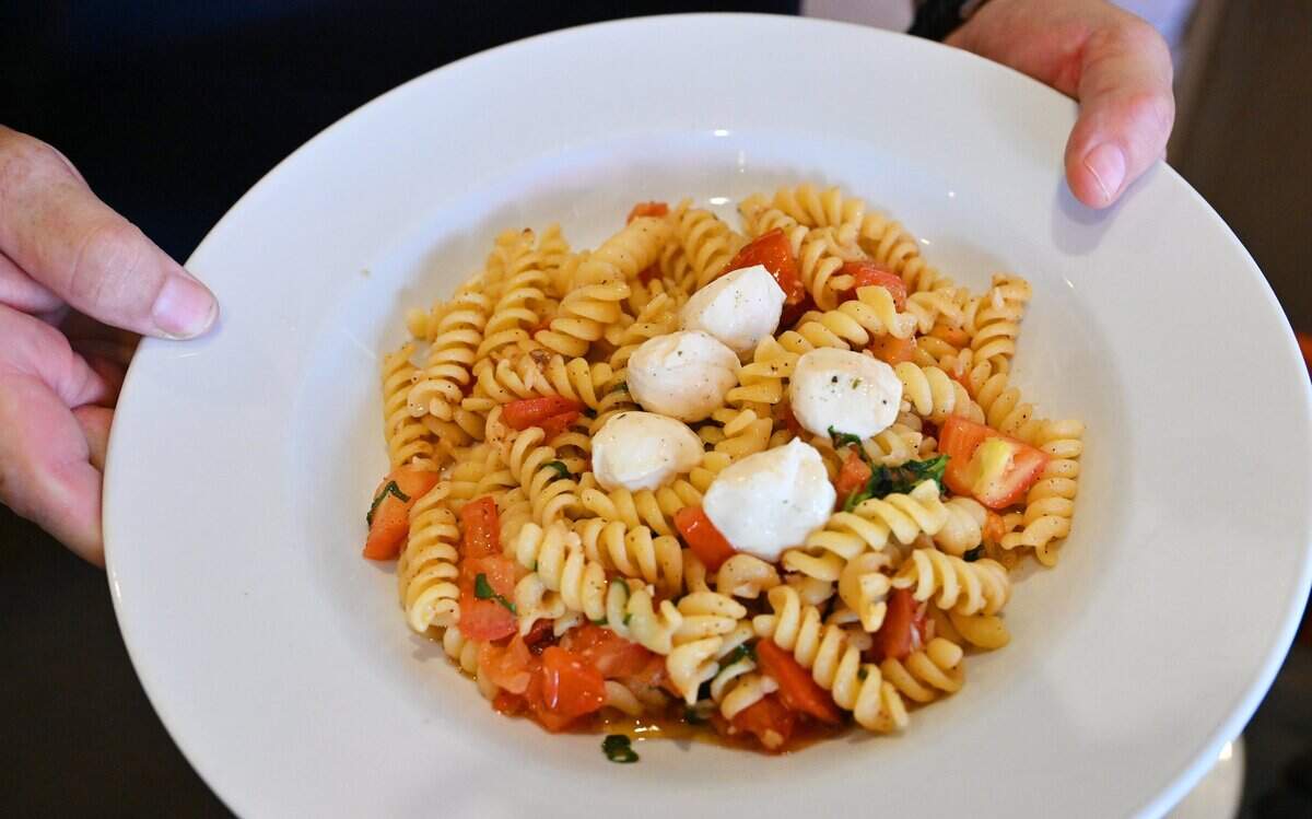Pat Dicicco holds the fresh Fusilli with fresh mozzarella, fresh basil and fresh tomato at Andiamo Ristorane Italiano, the latest property in the Diccico family, located along Shaw Avenue just east of Clovis Avenue Monday, June 29, 2026 in Clovis.