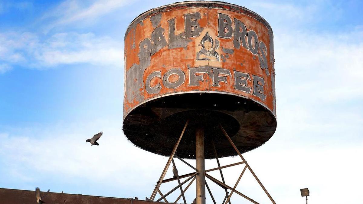 A bird flies from a rusted opening in the bottom of the Dale Bros. Coffee company coffee can sign atop a building on H Street in downtown Fresno on Wednesday, May 10, 2017.