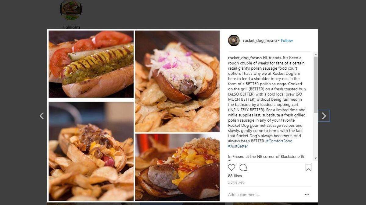 Fresno’s Rocket Dog Gourmet Brats & Brew had some fun announcing it would be offering Polish dogs on its menu, filling the void left by Costco.