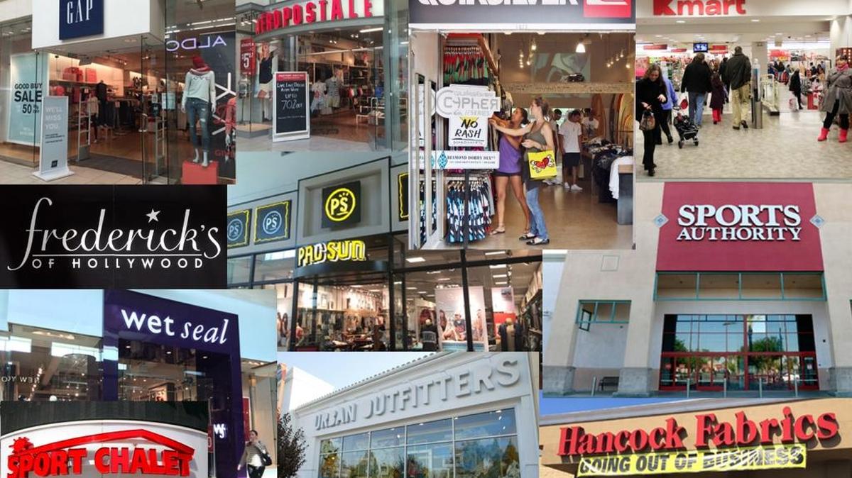 A collage of 12 Fresno-area retailers hit by store closures or bankruptcies in 2016.
