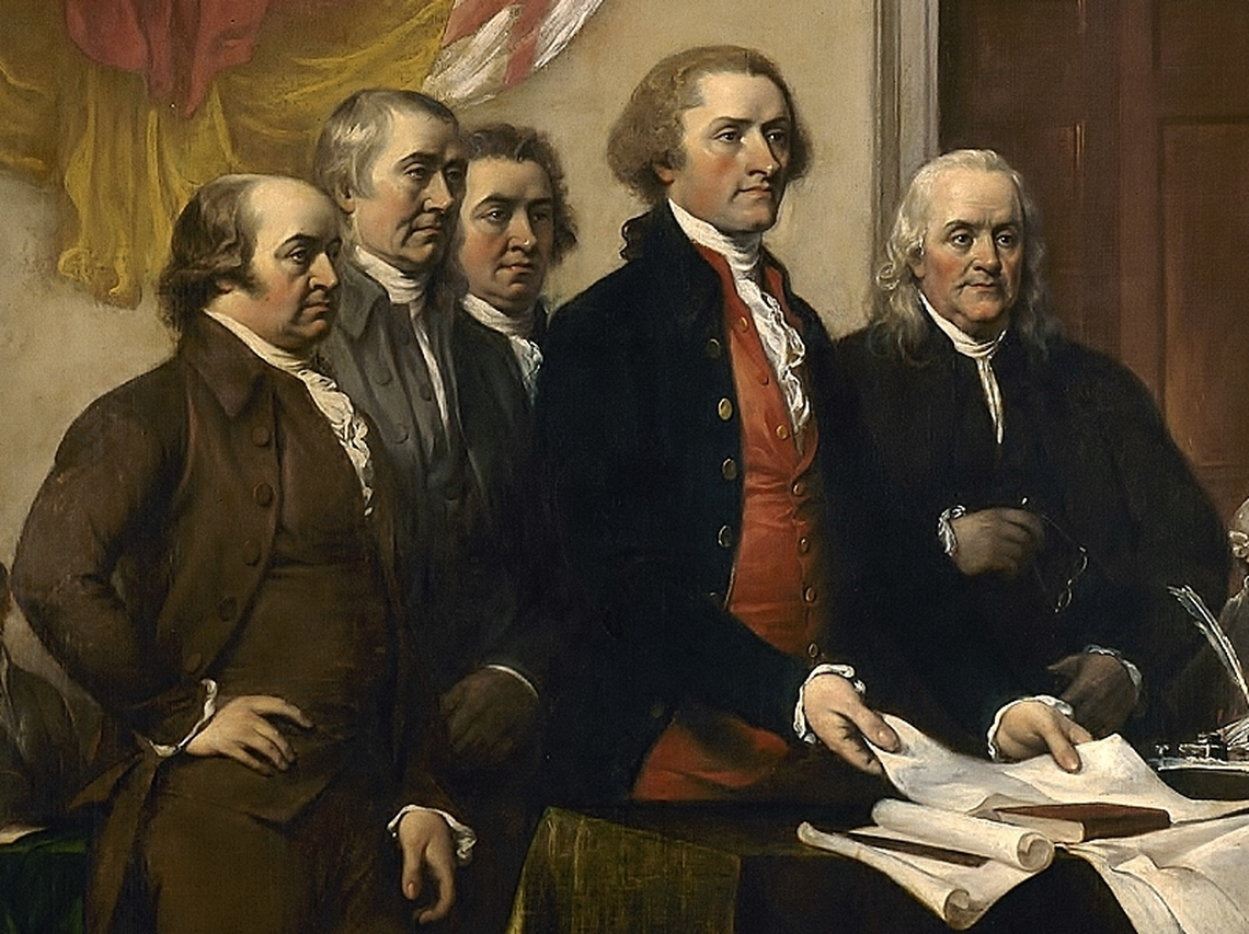 Founding Fathers John Adams (far left), Thomas Jefferson, Benjamin Franklin, Roger Sherman and Robert Livingston, from “Declaration of Independence” by John Trumbull