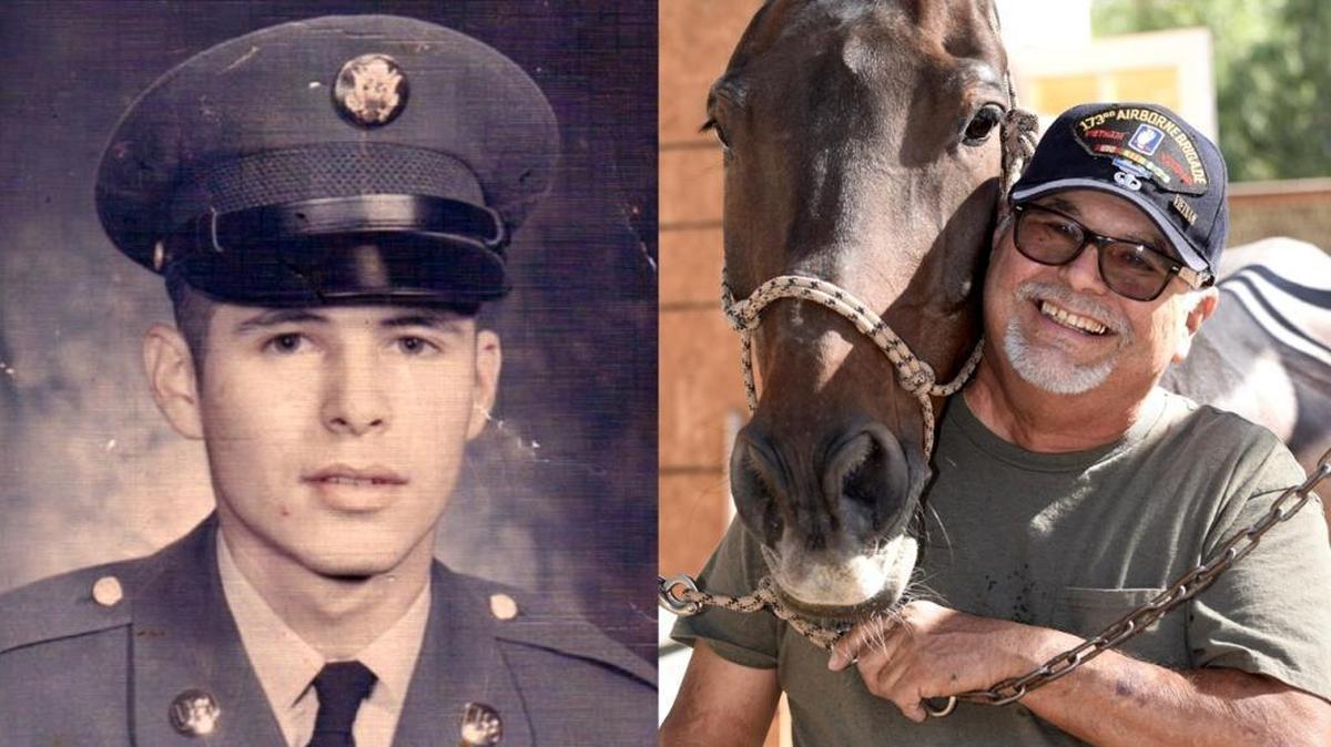 Manuel Blunt in his Army uniform, left, when he was deployed in 1967 to fight in the Vietnam War, and now with his horse, Honor, right.