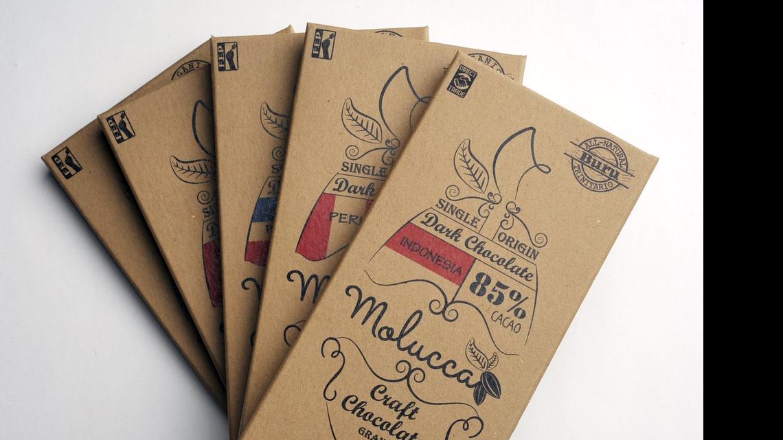 
Molucca Craft Chocolatier’s single origin dark chocolate bars, based in Fresno, come with 100%, 85% or 70% cacao from Peru, 70% cacao from the Dominican Republic and 85% cacao from Indonesia.
