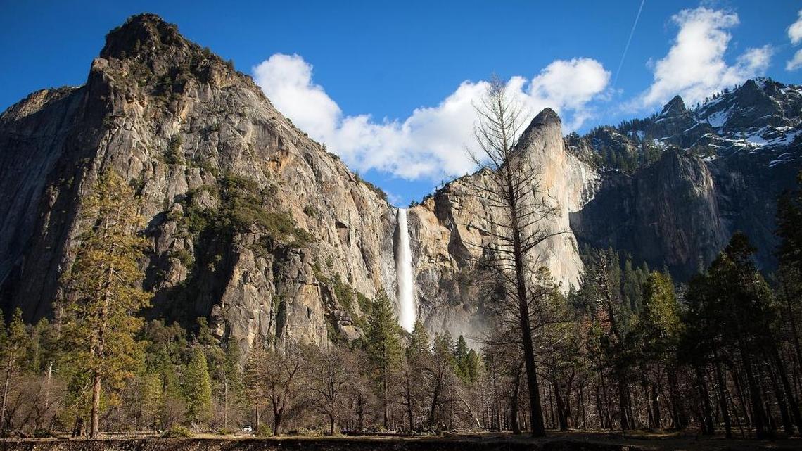 A panoramic view of Bridalveil Fall as seen from the north side of the Merced River shows the incredible display on a heavy rainfall year on Thursday, March 23, 2017.