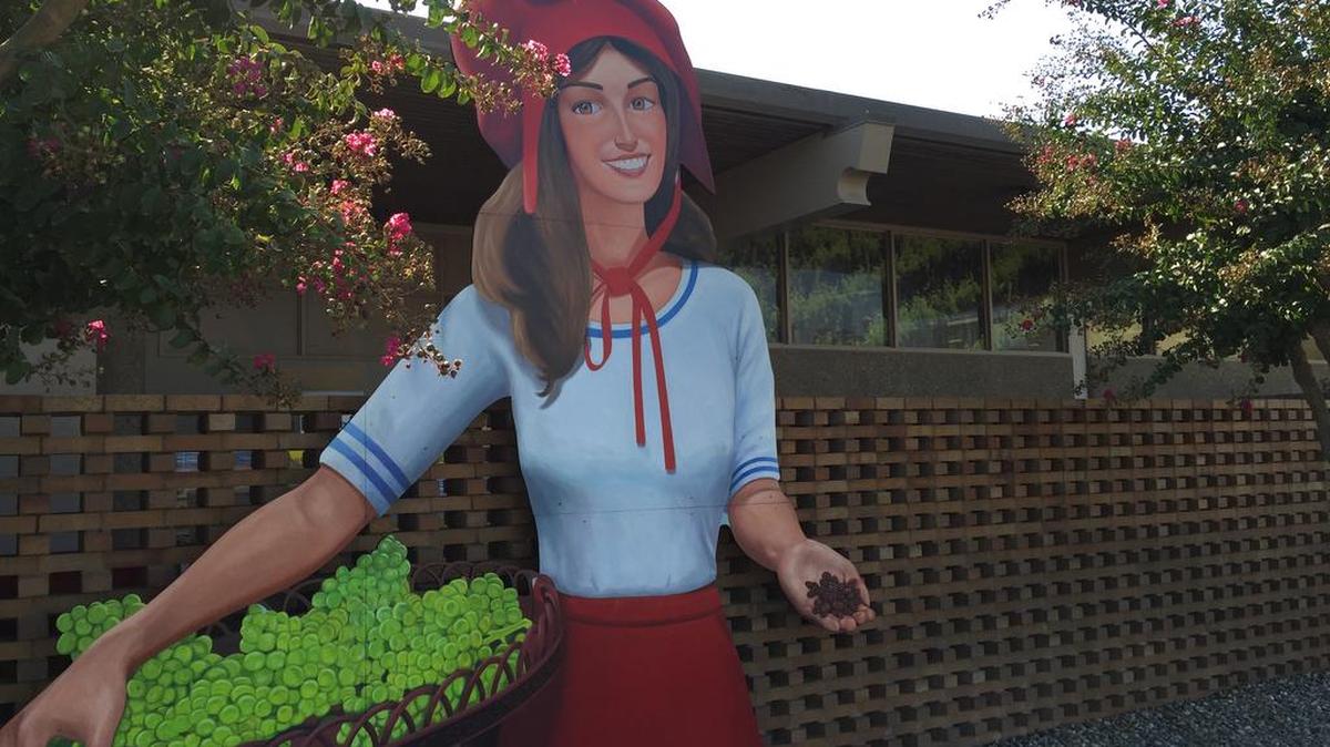 The latest iteration of the Sun-Maid Girl is on display at the Sun-Maid factory market in Kingsburg