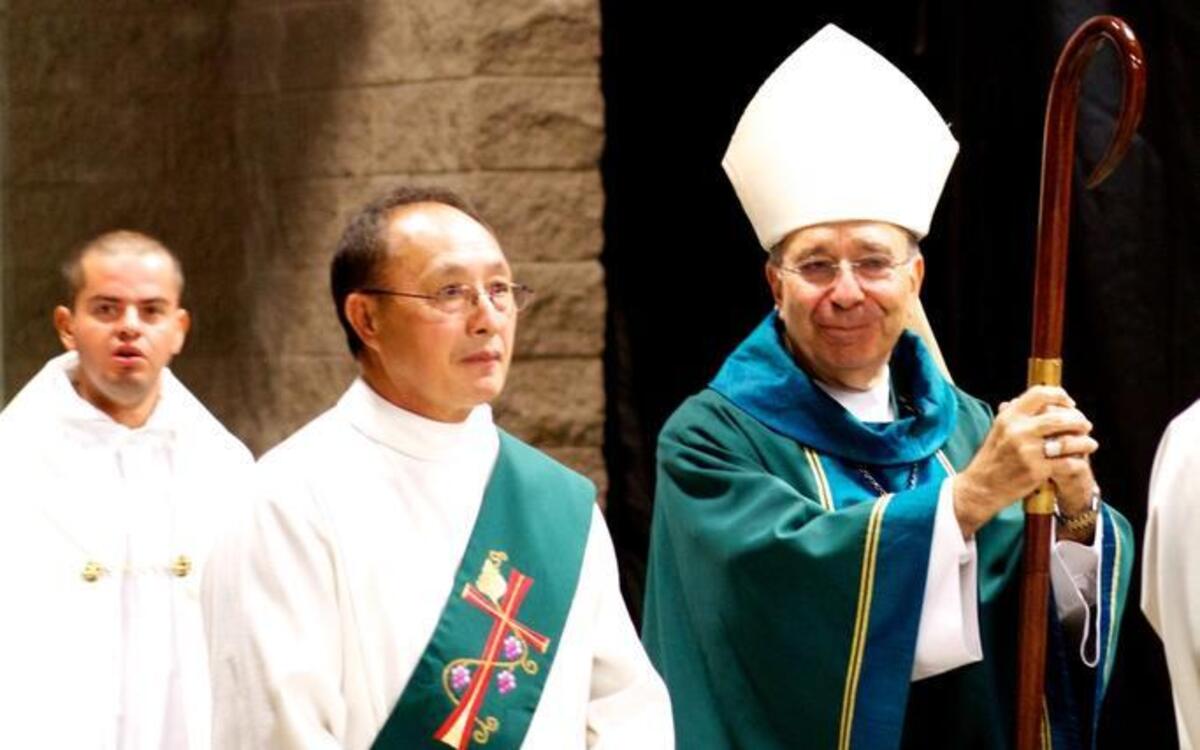 The wooden crosier staff held by Bishop Armando Ochoa was stolen in Los Banos on Sunday.