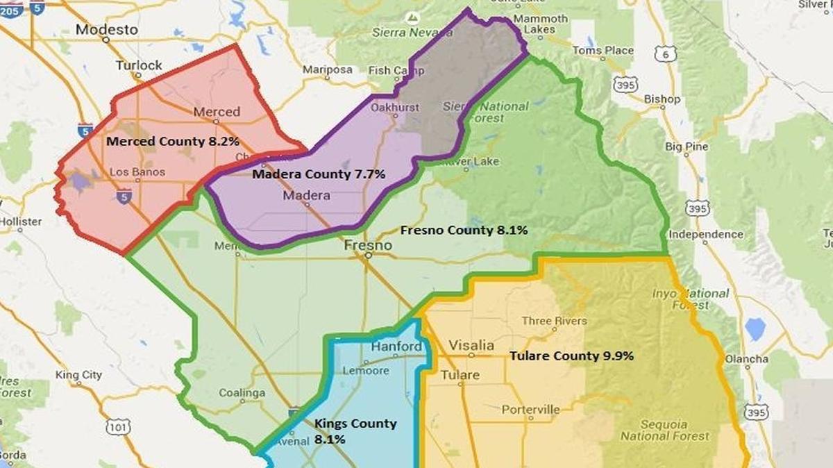 
The September jobless rate for counties in the central San Joaquin Valley.
