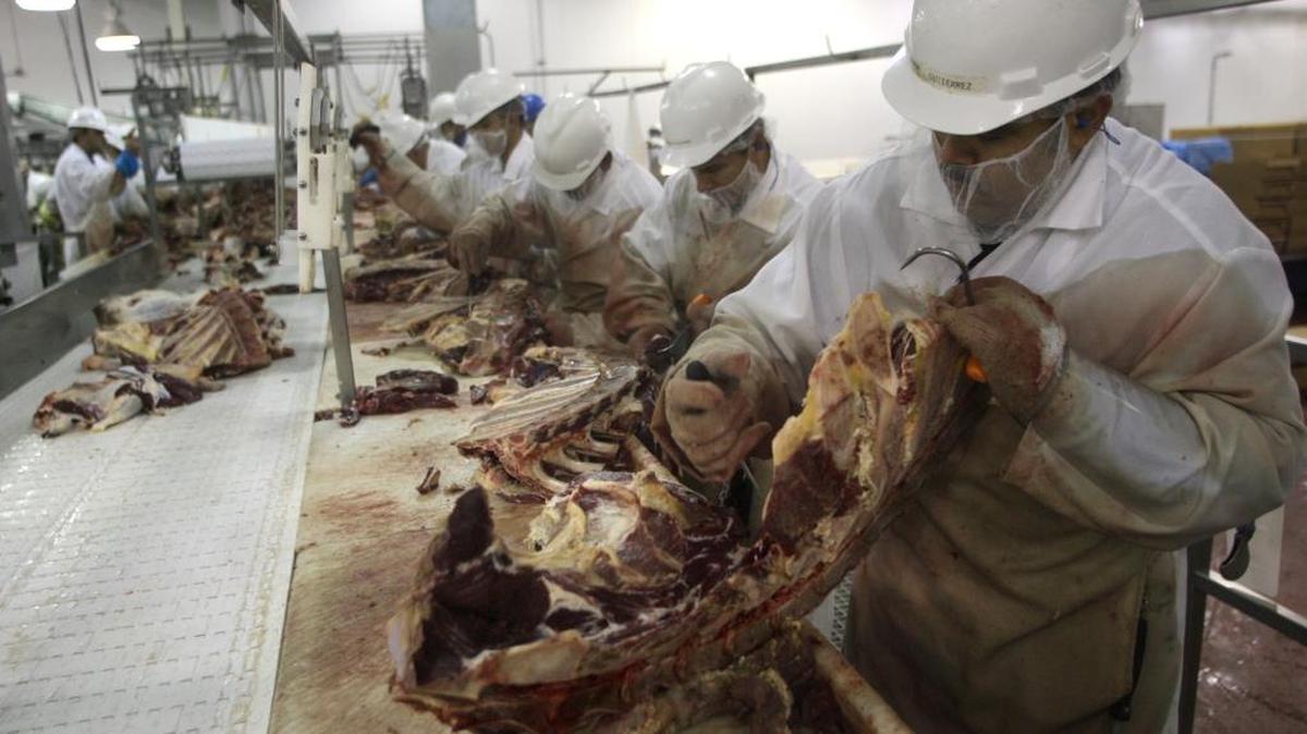 Workers remove bones from chuck cuts of beef at he Cargill Meat Solutions beef processing plant in southwest Fresno in this file photo. Of about 880 employees at the plant, 178 are being laid off later this year following its purchase by Central Valley Meat Co.