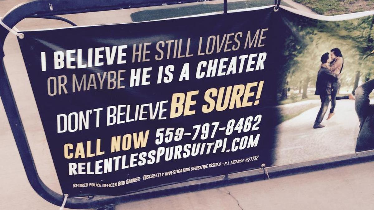 
A sign advertising retired police officer Bob Garner’s private-investigation business, Relentless Pursuit.
