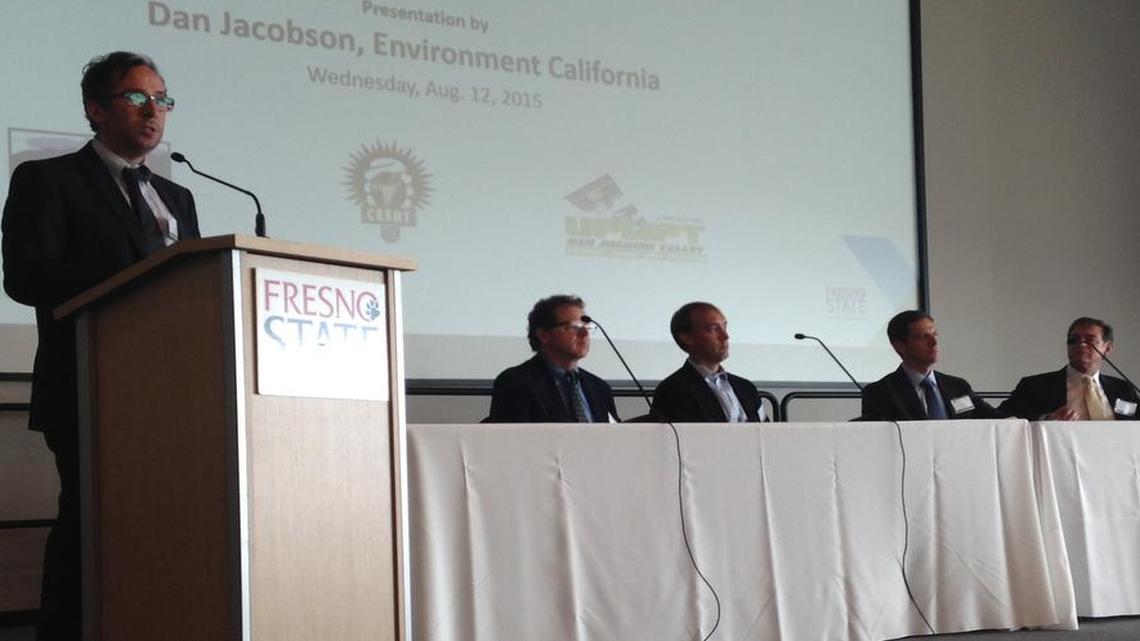 
Dan Jacobson, far left, legislative director for Environment California, leads a discussionon renewable energy resources Wednesday at Fresno State. Panelists included, from left, Rick Brown of TerraVerde Renewable Partners, Seth Israel of Recurrent Energy, Mike Levin of FuelCell Energy, Victor Babbitt of RES Americas and Milissa Marona of CODA Energy.
